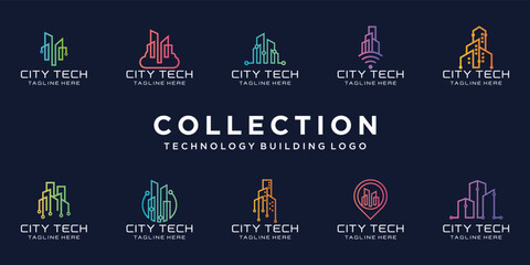 technology building logo design collection, digital building