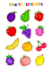 Cute fruit collection of stickers. Cartoon character for your food design. Healthy food concept. Vegan, vegetarian and diet, sport food. Smoothies and juices, jams.