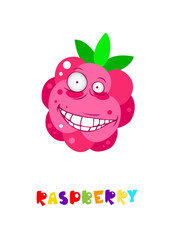Cute fruit collection, one of them raspberry. Cartoon character for your food design. Healthy food concept. Vegan, vegetarian and diet, sport food. Smoothies and juices, jams.