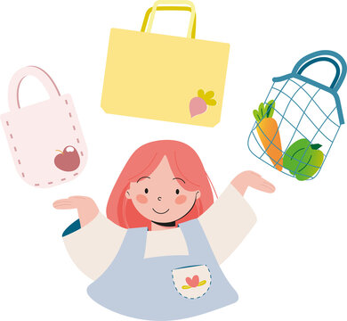 Apportez vos sacs ! Flat illustration d'une femme heureuse montrant divers sacs à apporter en magasins.