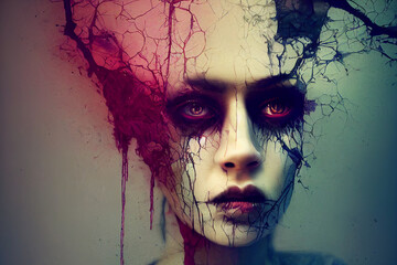 3D Render abstract spooky portrait of fractured face lost souls in Halloween. 3D illustration