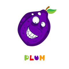 Cute fruit collection, one of them plum. Cartoon character for your food design. Healthy food concept. Vegan, vegetarian and diet, sport food. Smoothies and juices, jams.