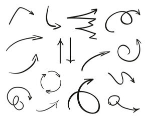 Infographic elements on isolation background. Collection of arrows on white. Highlighters for design. Hand drawn simple pointers. Line art. Set of different signs. Abstract symbols. Doodles for work