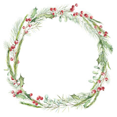 Circle frame with copy space in the middle. Watercolor hand painted holiday winter wreath with fir tree branches, eucalyptus, berries and holly plant