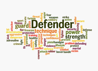 Word Cloud with DEFENDER concept, isolated on a white background