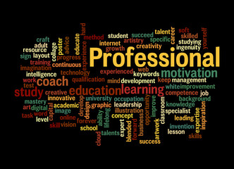 Word Cloud with PROFESSIONAL concept, isolated on a black background