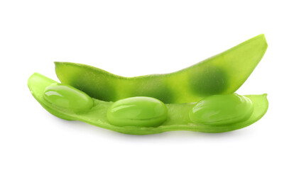 Raw green edamame pods with beans on white background