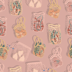 mesh bags with vegetables for salad, carrots, beets, celery, chili peppers and tomatoes for eco friendly living vector seamless pattern. Fashion buyer of the Vegan Zero Waste concept. Colorful hand dr