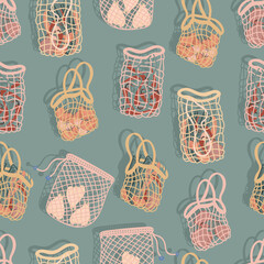 mesh bags with vegetables for salad, carrots, beets, celery, chili peppers and tomatoes for eco friendly living vector seamless pattern. Fashion buyer of the Vegan Zero Waste concept. Colorful hand dr