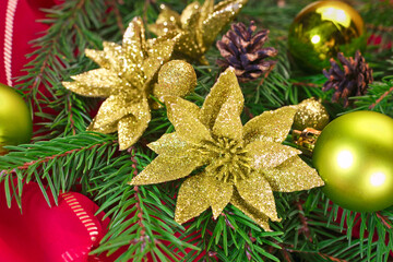 Christmas tree with ornaments, beads and flowers