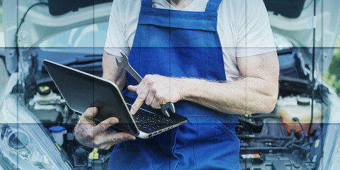 Mechanic using laptop for checking car engine, geometric pattern