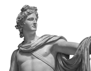 God Apollo bust sculpture. Ancient Greek god of Sun and Poetry Plaster copy of a marble statue isolated on white