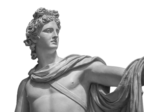 God Apollo bust sculpture. Ancient Greek god of Sun and Poetry Plaster copy of a marble statue isolated on white