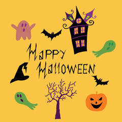 Obraz premium Halloween set with haunted house, pumpkin lantern, bats, ghosts, witch hat. Happy Halloween phrase in hand drawn style. Flat vector illustration.