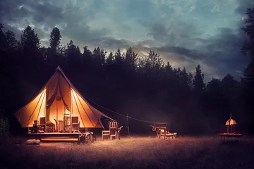 Rugzak glamping. luxe glamoureuze camping. glamping in het prachtige landschap © Aquir