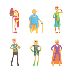 Funny Elderly Man Superhero Wearing Suit and Cape Vector Set