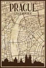 Brown printout streets network map with city skyline of the downtown PRAGUE, CZECHIA on a vintage paper framed background