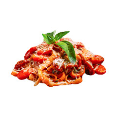 Portion of pasta arrabbiata dish with basil leaves