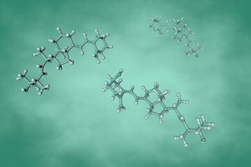 Ercalcidiol or 25-hydroxyvitamin D2, a fat-soluble vitamin that helps our body absorb calcium and phosphorus from foods. Molecular model on turquoise background. 3d illustration