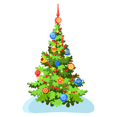 Christmas tree with decorations in vintage style. Vector image on a white background.