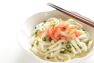 Japanese food, raw squid and Mentaiko sauce on cold Udon noodles for Sumer food image 