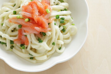 Japanese food, raw squid and Mentaiko sauce on cold Udon noodles for Sumer food image 