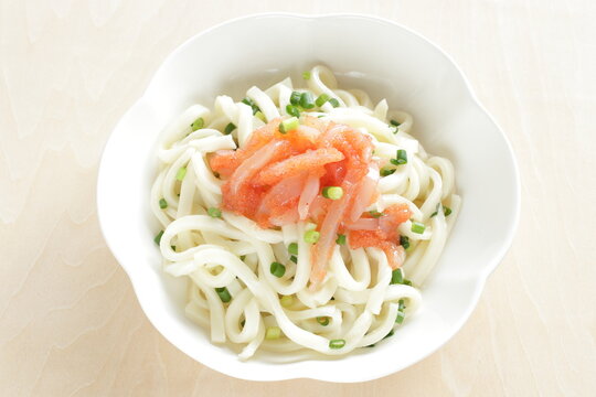 Japanese food, raw squid and Mentaiko sauce on cold Udon noodles for Sumer food image 