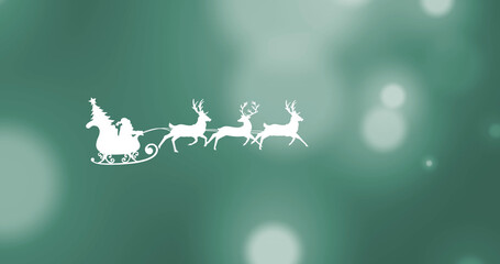 Image of santa sleigh over lights on green background
