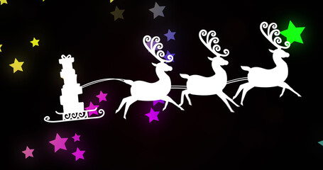Image of santa sleigh over stars on black background