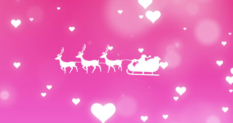 Image of santa sleigh over hearts on pink background