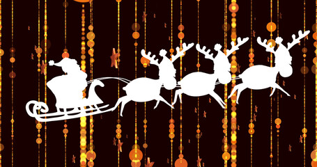 Image of santa sleigh over golden chain and stars on black background