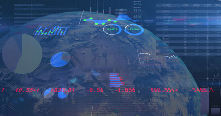 Image of data processing over globe and blue background