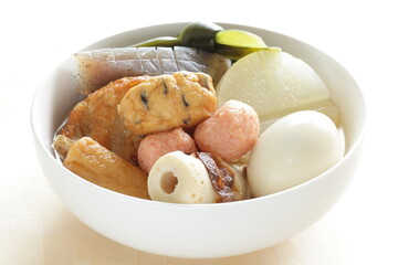 Homemade Japanese winer comfort food, oden fish cake and radish simmered 