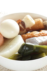 Homemade Japanese winer comfort food, oden fish cake and radish simmered 