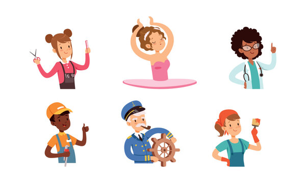 Cute Children Character Engaged in Different Profession and Occupation Vector Set