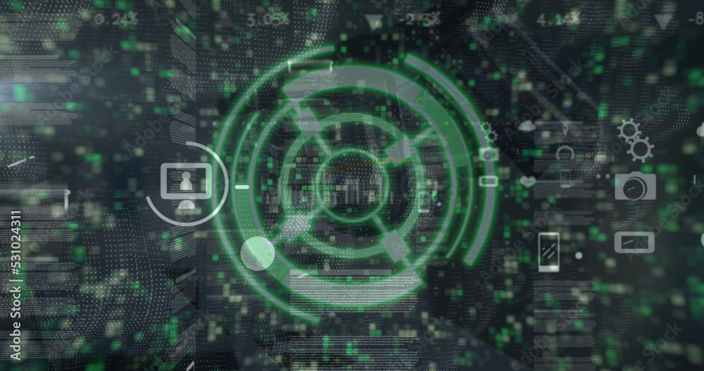 Poster image of scope scanning over network of connections with icons and moving columns
