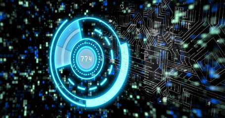Image of scope scanning with data processing over padlock icon and moving columns