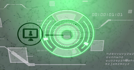 Image of scope scanning over networks of connections with icons on white background