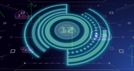 Image of scope scanning with data processing over cloud icons and shapes