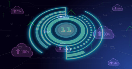 Image of scope scanning with data processing over cloud icons and shapes