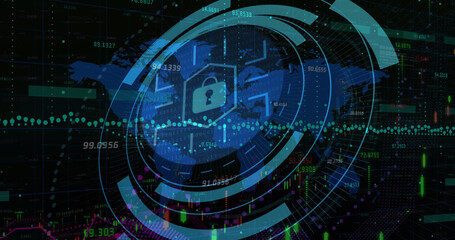 Image of scope scanning with padlock icon over data processing and world map on black background