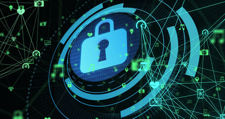 Image of scope scanning with padlock icon over networks of connections on black background