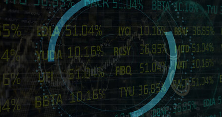 Image of scope scanning with wall icon and graph over stock market on black background