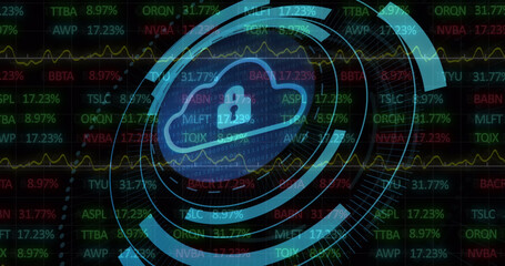 Image of scope scanning with padlock icon over stock market on black background