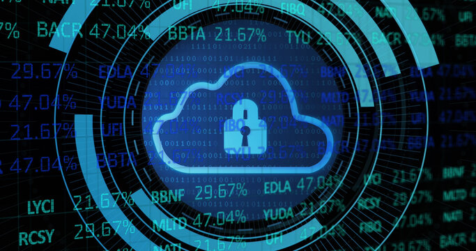 Image of scope scanning with wall icon over stock market on black background - Powered by Adobe