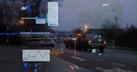 Image of statistical data processing against city traffic at night