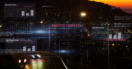Image of interface with data processing against aerial view of city traffic at night