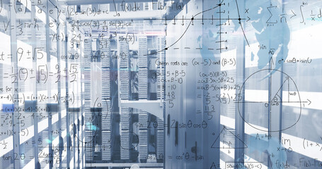 Image of digital data processing over server room