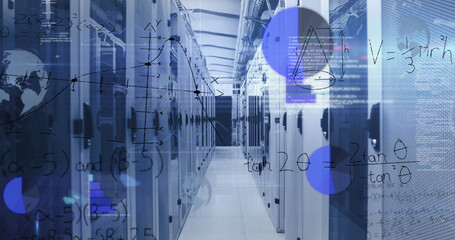 Image of digital data processing over server room