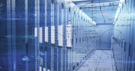 Image of digital data processing over server room